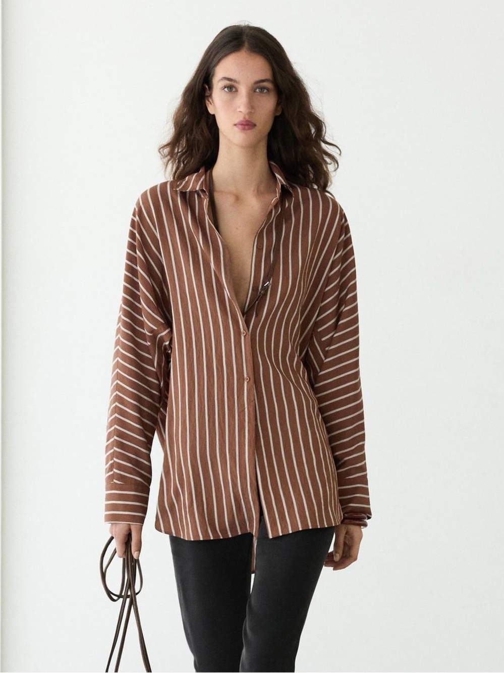 Massimo Dutti Brown and White Striped Button-Up Blouse Size Small - Picture 4 of 16
